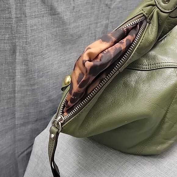 B. Makowsky Olive Green Fringed & Studded Metallic Leather Hobo Shoulder Bag - Picture 8 of 10